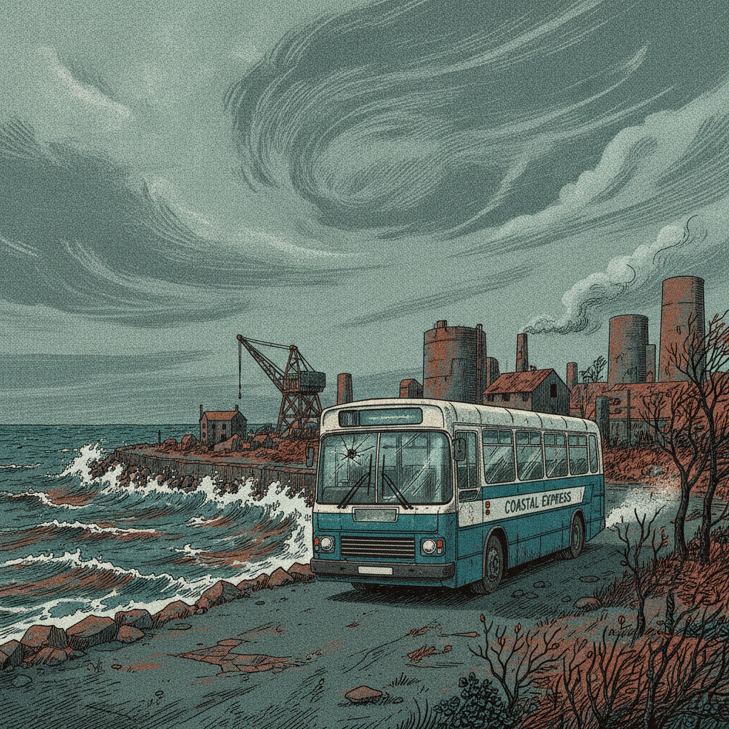 A bus stopped at the edge of an industrial coastal town in October 1985, with grey sky and salt-weathered buildings visible in the background.