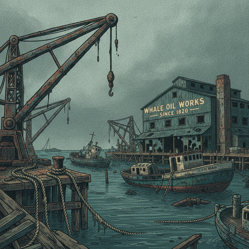 Deteriorating industrial docks with rusted gantries, corroded mooring lines, half-sunken trawlers, and an abandoned cannery building with faded lettering reading 