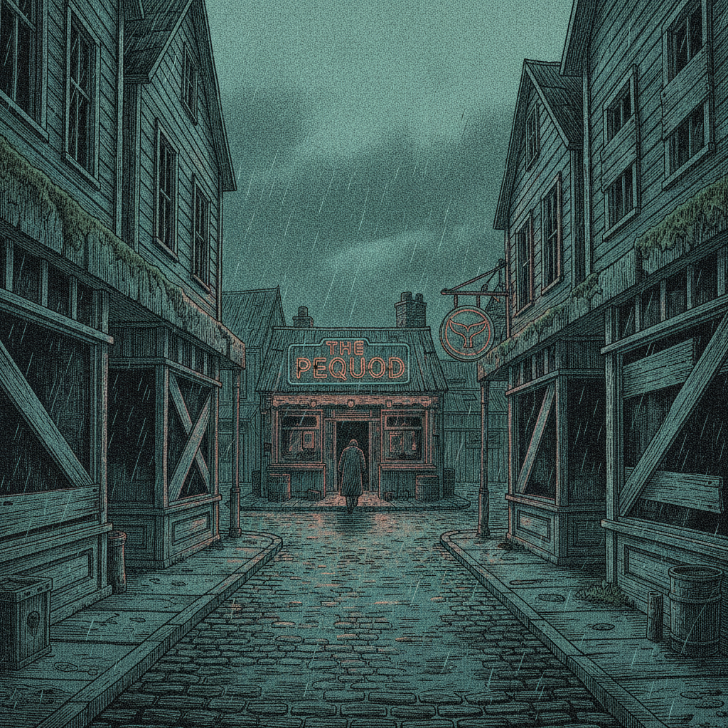 A cobbled street lined with boarded-up storefronts and a dive bar with flickering neon sign reading 
