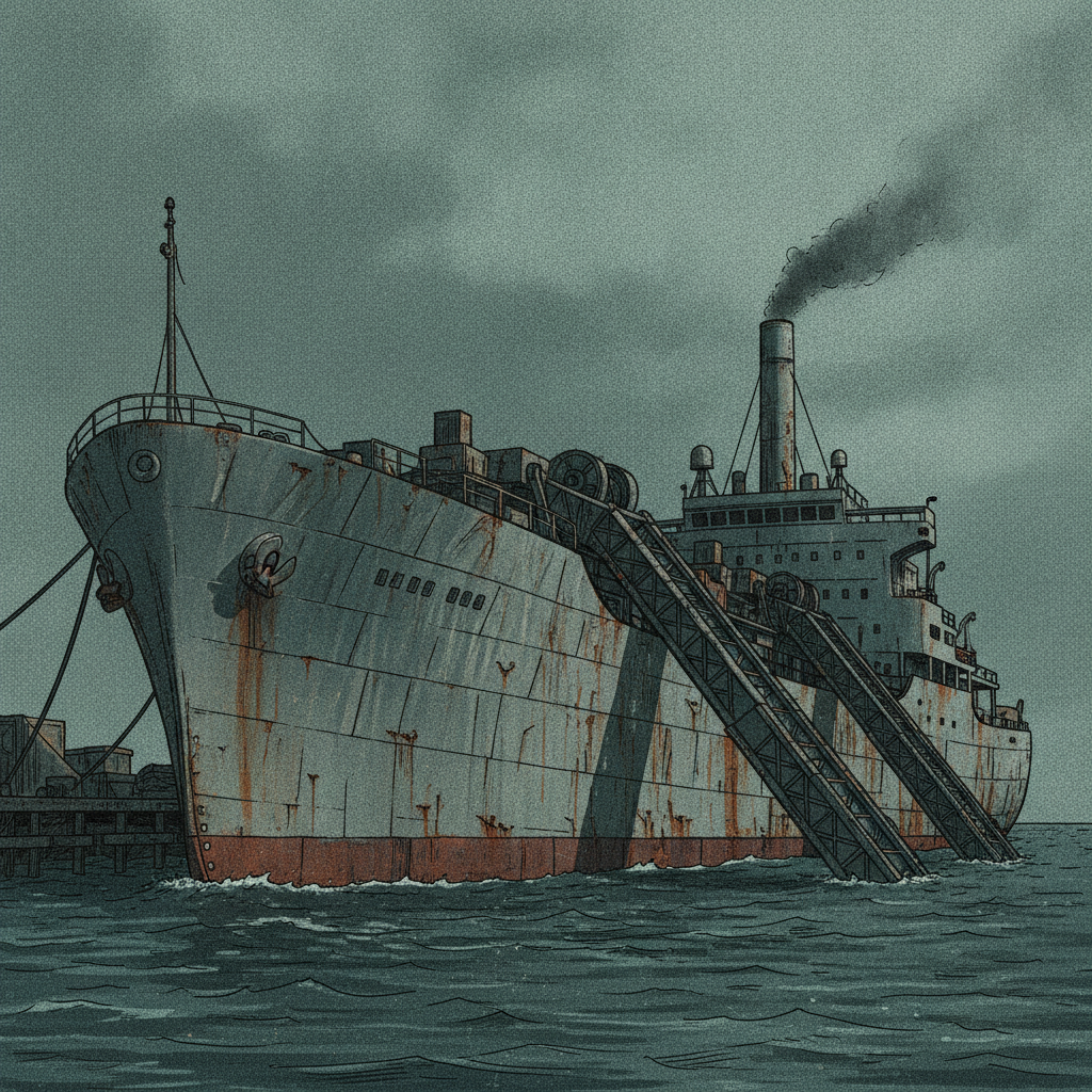 A large grey factory ship docked at Pier 17, with rusted steel plates, massive processing ramps angling toward the water, and thin dark smoke rising from a stack.