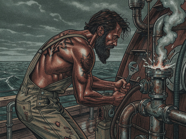 A man with polished mahogany skin, wearing oil-stained overalls, bent over pipes near a ship's bow with a wrench, his back covered in jagged tribal tattoos, steam hissing from the valve he's working on.