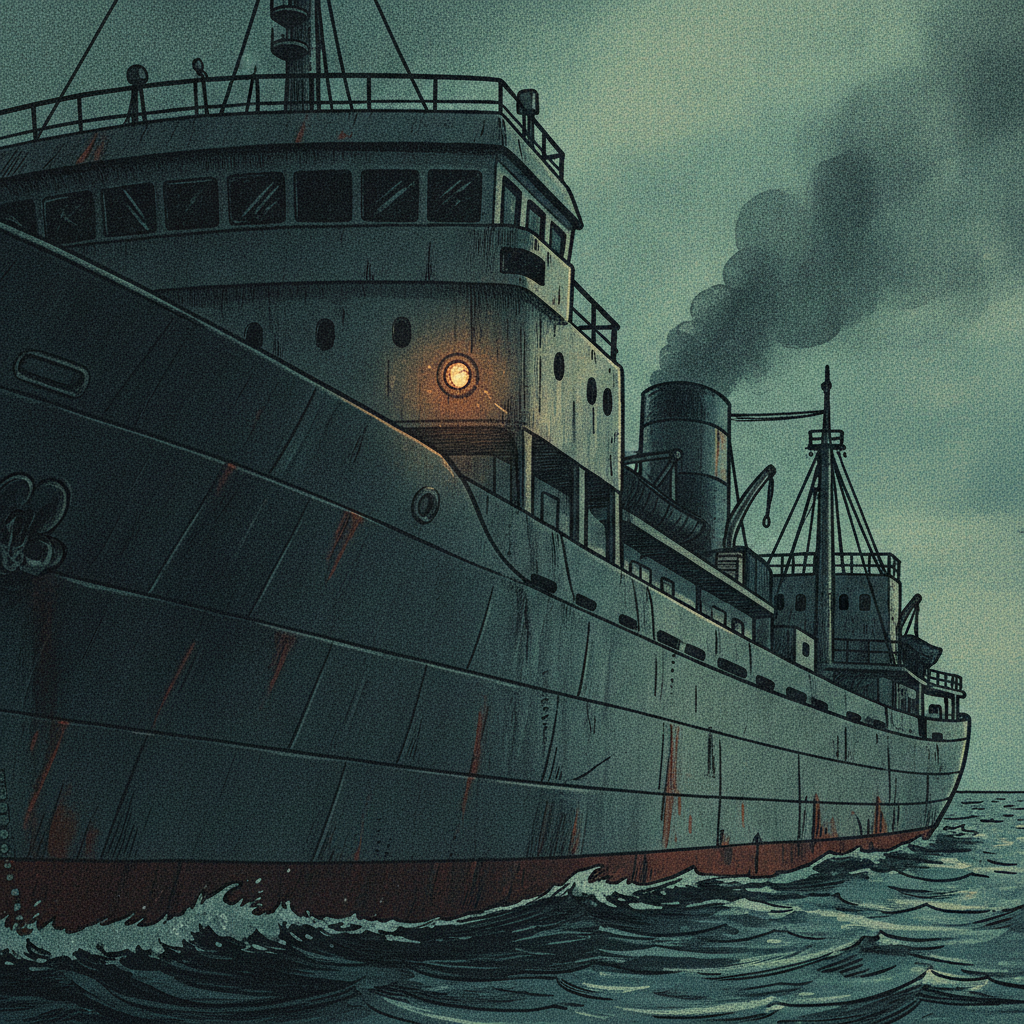 The darkened bridge of a factory ship with a single flickering light in a porthole, the ship's grey steel hull visible in shadow.