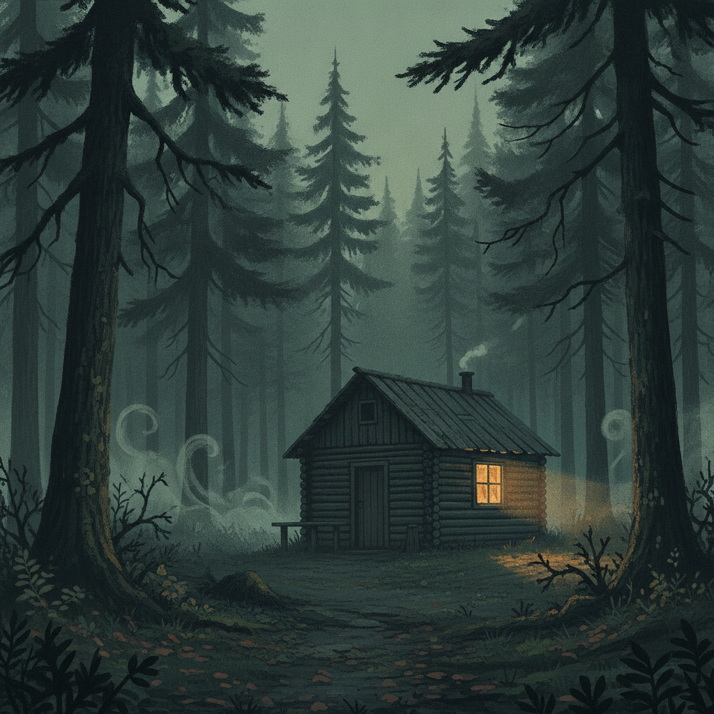 A rustic ranger station building at dusk with long shadows stretching across the surrounding forest, warm light glowing from a window.