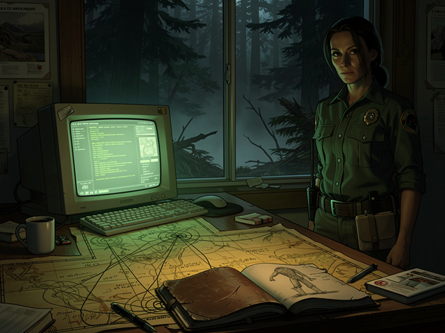 A cluttered ranger office desk at night with an old computer screen glowing, yellowed maps spread across the surface with hand-drawn lines connecting points, and an open worn leather journal showing a sketch of a tall bipedal figure.
