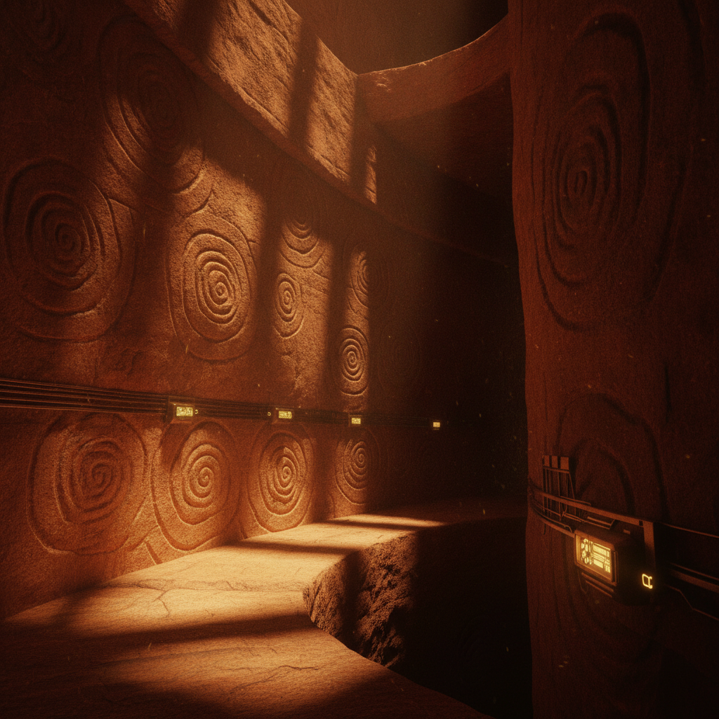 A narrow stone passage with spiral carvings on the walls, shadows distorting along the rough surface, dim light creating deep contrasts in the confined space.