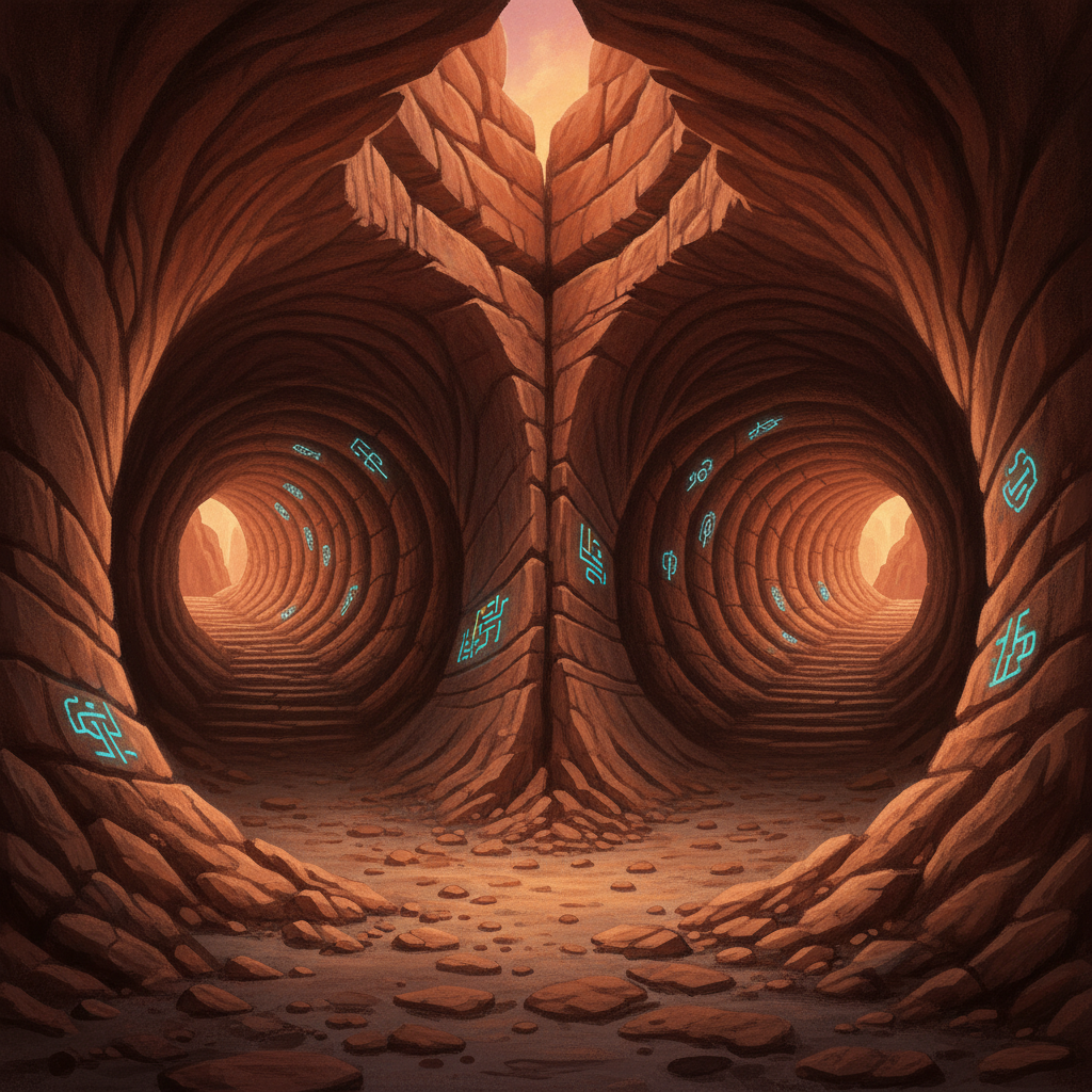A forking tunnel carved in stone with spiral patterns on the walls, one passage leading upward into dimness, jagged rock surfaces catching minimal light.