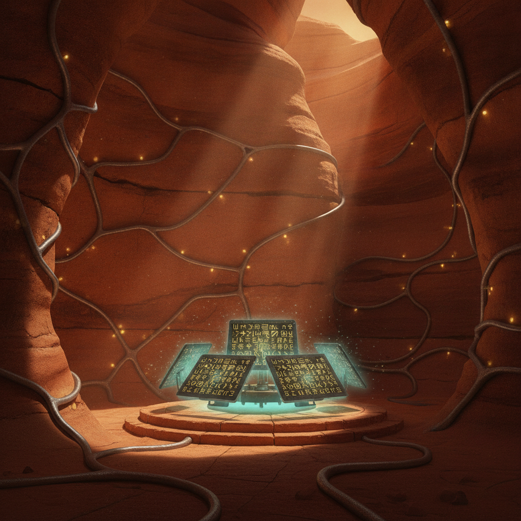 A glowing chamber with silver tubes twisting along the walls like vines, pulsing with light, and a raised central platform with hovering tablets covered in shifting luminescent symbols.