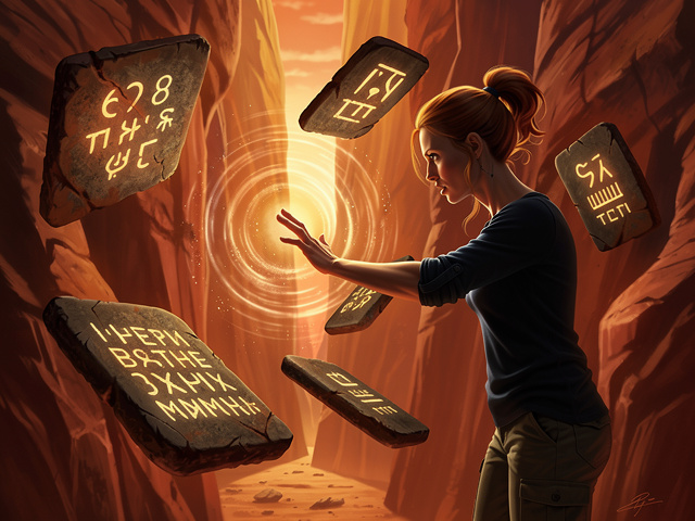 A hand reaching toward hovering tablets that glow with shifting symbols, fingers nearly touching the luminescent surface, ripples of light emanating from the point of near-contact.
