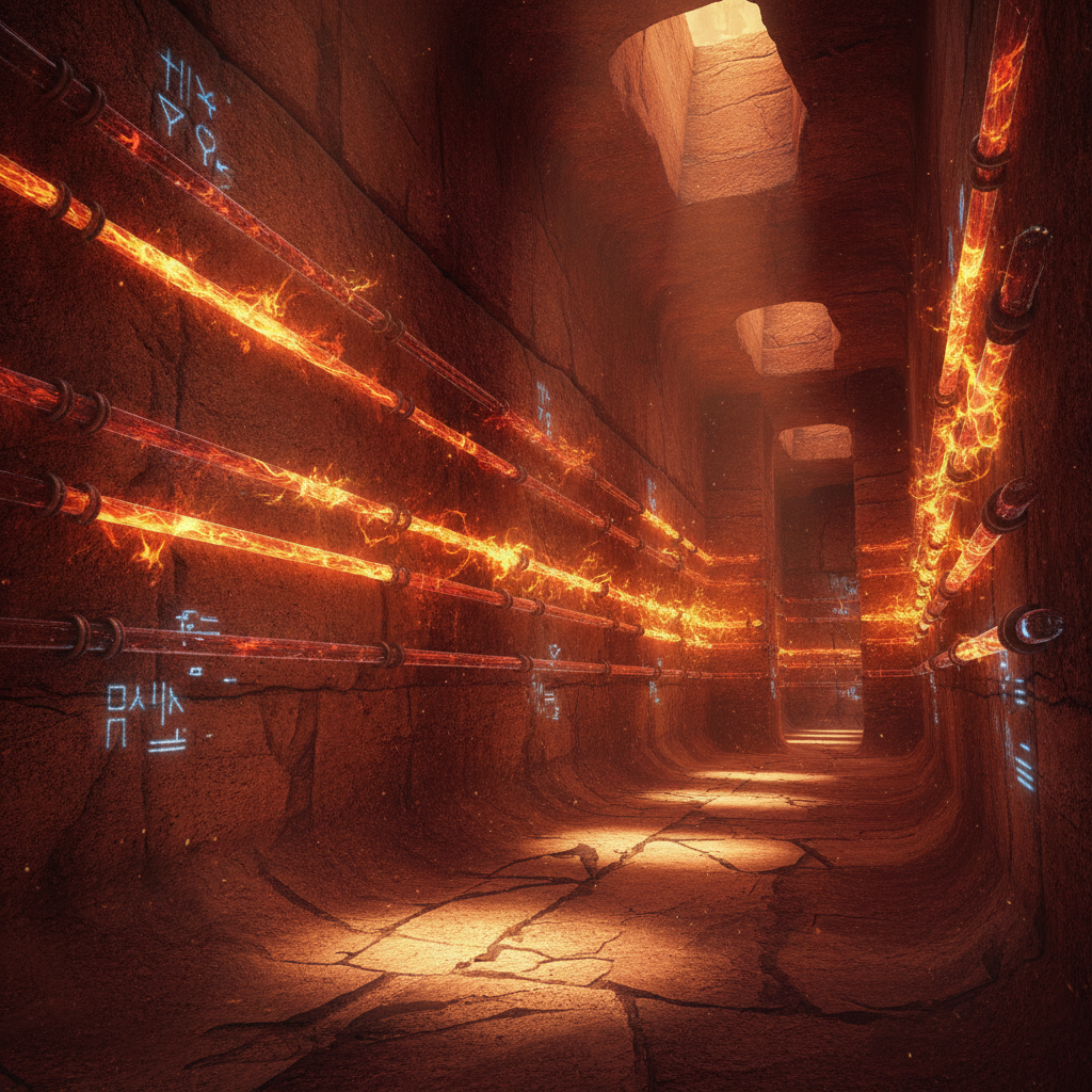 Glowing tubes along chamber walls vibrating and flickering with urgent light, their luminescence pulsing in synchronization, casting shifting patterns across the stone surfaces.