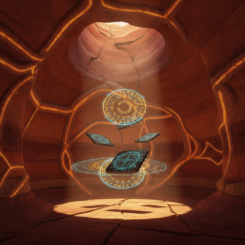 The illuminated chamber with pulsing tubes creating a rhythmic pattern of light across walls and ceiling, hovering tablets at the center casting halos of shifting symbols into the air.
