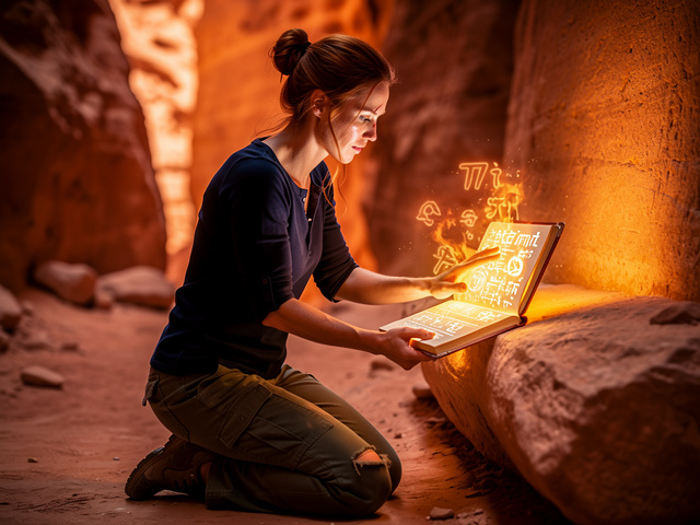 An open journal pressed against a glowing hovering tablet, symbols burning as light onto the paper, luminescent writing appearing and shifting on the page's surface.