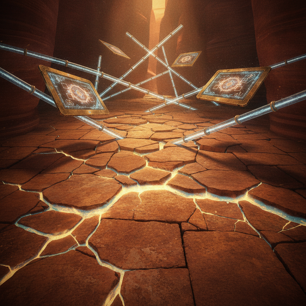 The chamber floor of ancient stone beginning to shift and move, cracks of light appearing between stone blocks, the entire surface subtly in motion beneath pulsing tubes and hovering tablets.